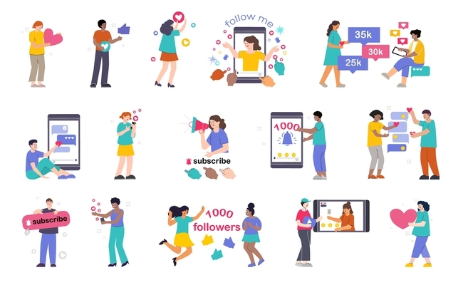 Follower people flat set of isolated icons with characters of users sharing subscribing reacting to posts vector illustration