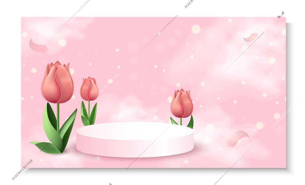 3d leaf flower composition with flurry pink background shiny particles tulip flowers and podium for packshot vector illustration