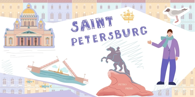 Saint petersburg composition with collage of flat elements sketch style bridges historic buildings and sights icons vector illustration