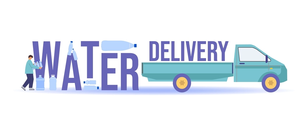 Water delivery composition of flat text among icons of bottles and worker loading them onto truck vector illustration