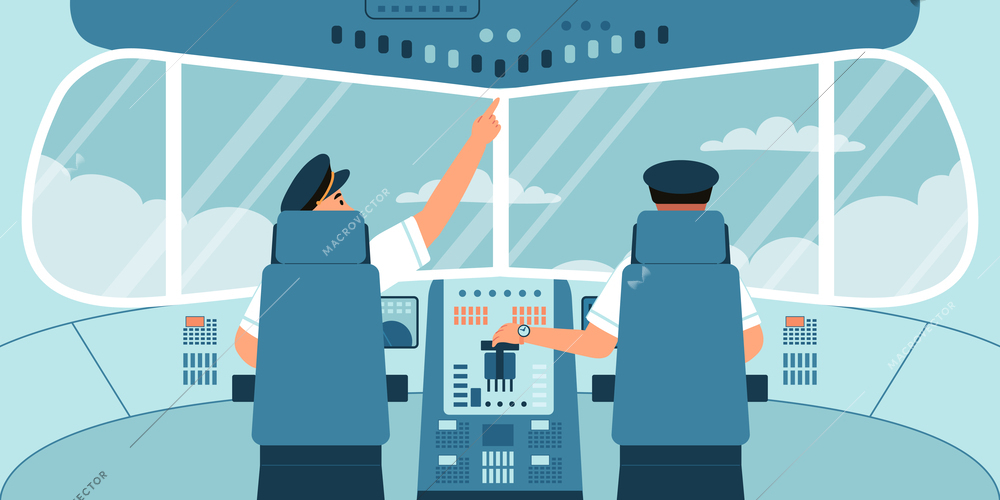 Airplane interior flat concept with pilots in cabin vector illustration