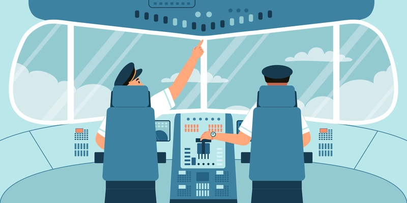 Airplane interior flat concept with pilots in cabin vector illustration