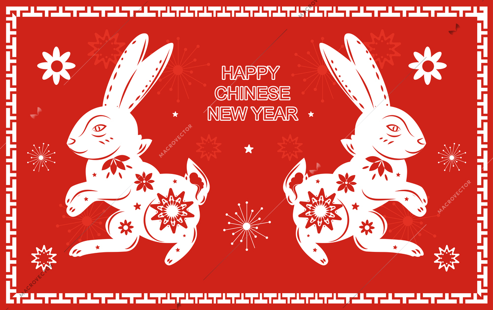 Happy chinese new year 2023 greeting composition with two cute rabbits and festive signs vector illustration