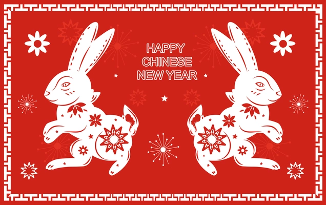 Happy chinese new year 2023 greeting composition with two cute rabbits and festive signs vector illustration