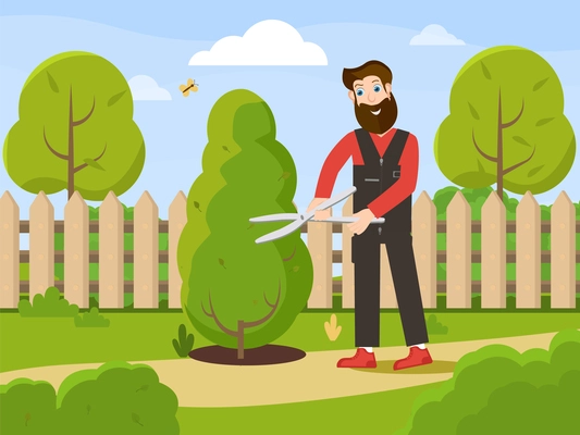 Professional gardener male character  cutting bushes in courtyard of country house cartoon composition flat vector illustration