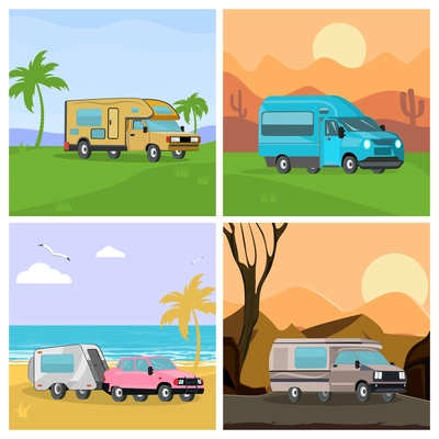 Camping vacation 2x2 design concept set of four square compositions with mobile auto vehicles for travel flat vector illustration