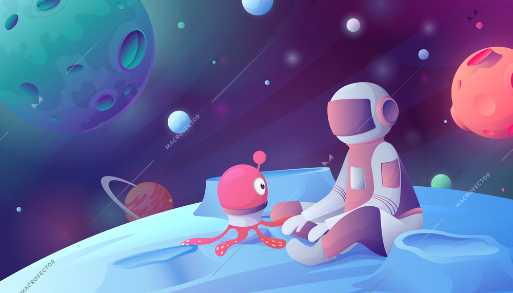 Space cartoon composition with neon glowing outer space scenery and spaceman sitting on asteroid with alien vector illustration
