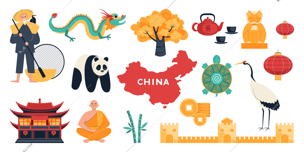 China symbol flat set with isolated icons of animals souvenirs temple buildings tea kit and lanterns vector illustration