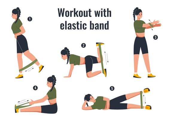 Home workout flat infographic composition with isolated text and female characters showing various figures for practicing vector illustration