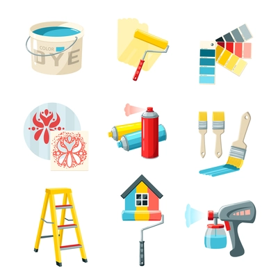 Painting work decorative icons set with bucket roller color palette isolated vector illustration