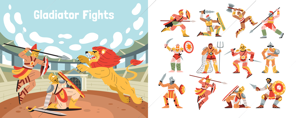 Gladiator fights set of flat compositions with ancient warriors with armour and lions in stadium colosseum vector illustration