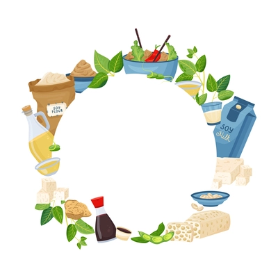 Flat style round frame with various soy products on white background vector illustration