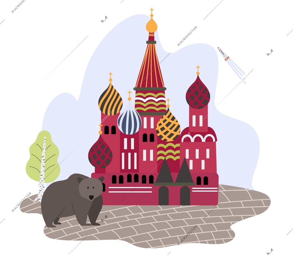 Russia symbol composition of flat icons with bear and pavement with famous temple on blank background vector illustration