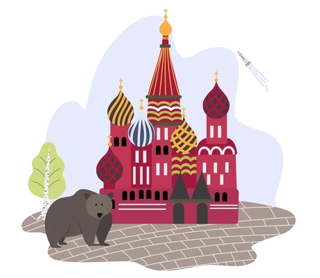 Russia symbol composition of flat icons with bear and pavement with famous temple on blank background vector illustration