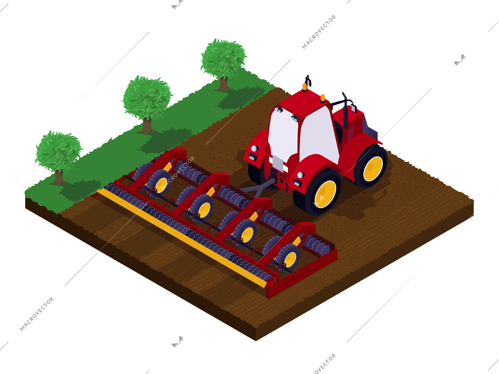 Isometric agricultural composition with open field scenery and green tractor with plow turning up the soil vector illustration