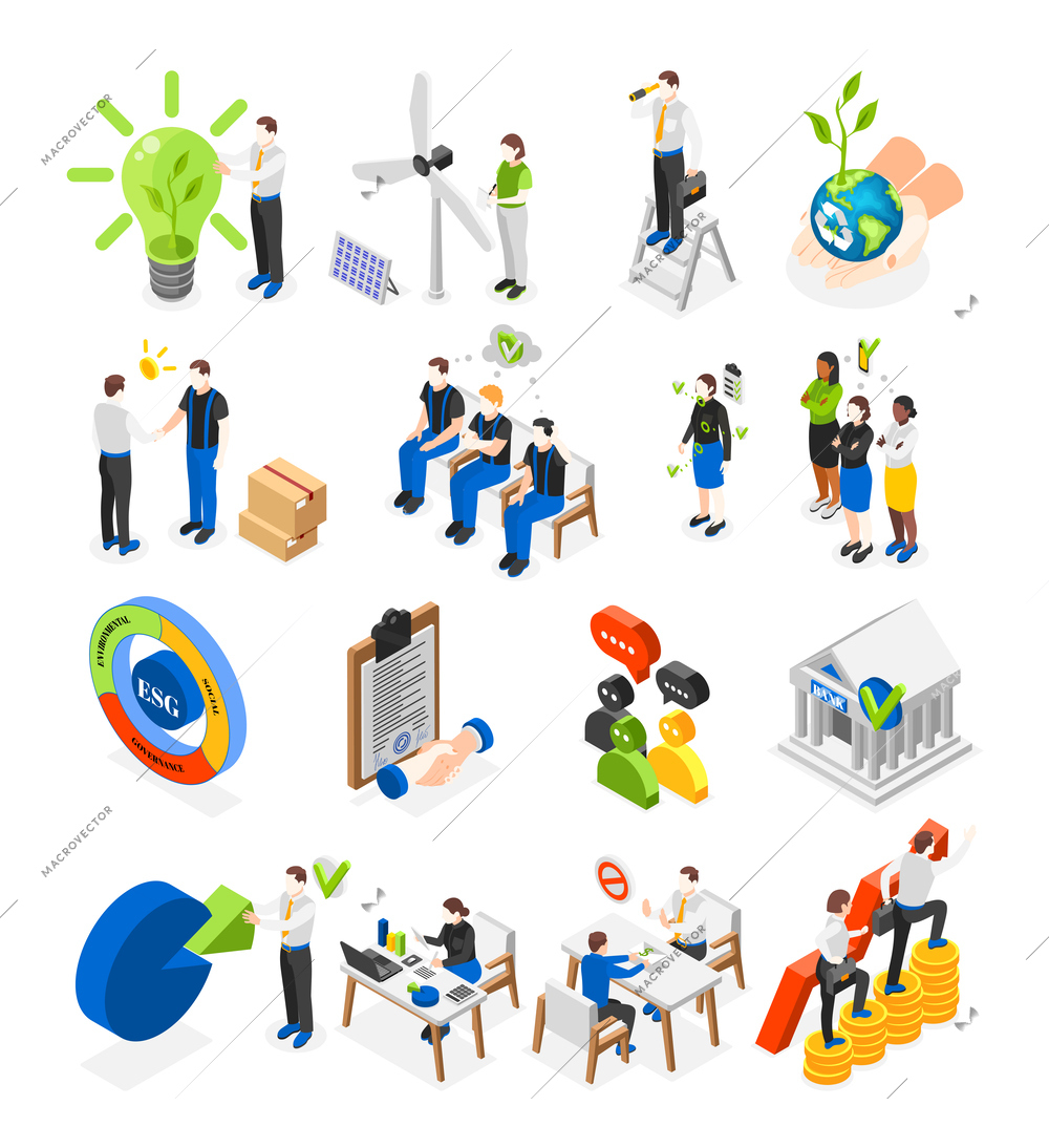 Esg environmental social governance concept isometric icons set with alternative energy sources corporate policy isolated vector illustration