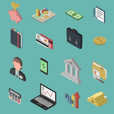 Bank isometric icon set with 3d briefcase money exchange businessman isolated vector illustration