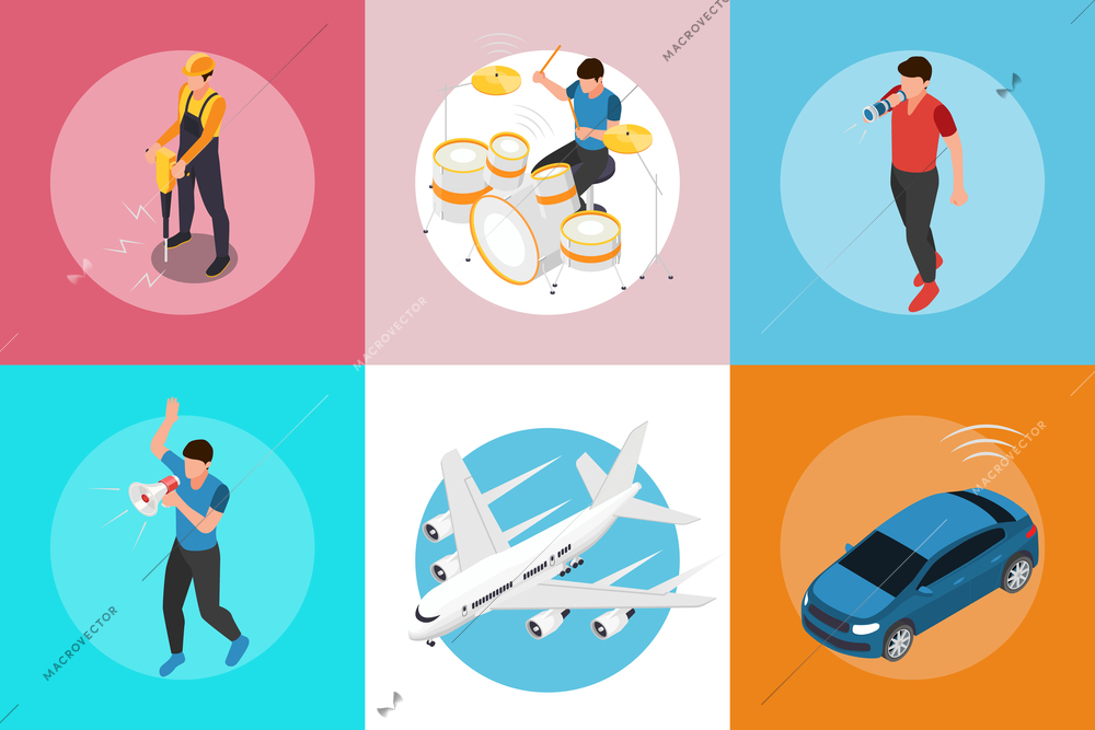 Sound pollution isometric concept set of six square compositions with transport people with megaphone street musicians vector illustration