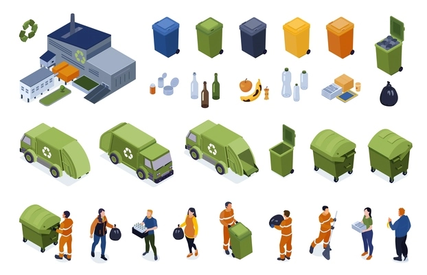 Isometric recycling set with isolated bins separated rubbish dump trucks human characters and waste treatment plant vector illustration