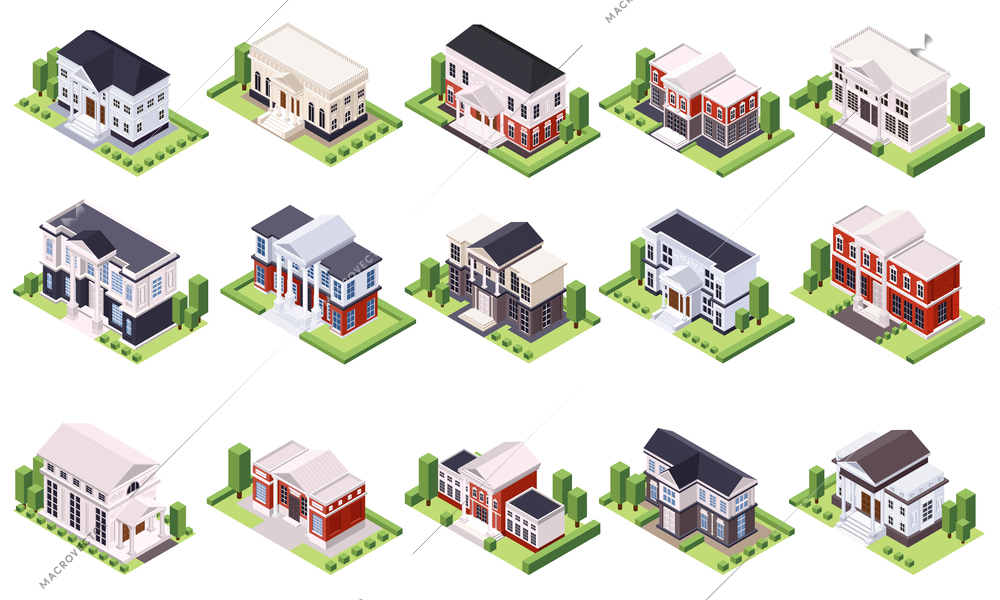 Classic architecture isometric set of isolated house images surrounded by trees plant hedge on blank background vector illustration