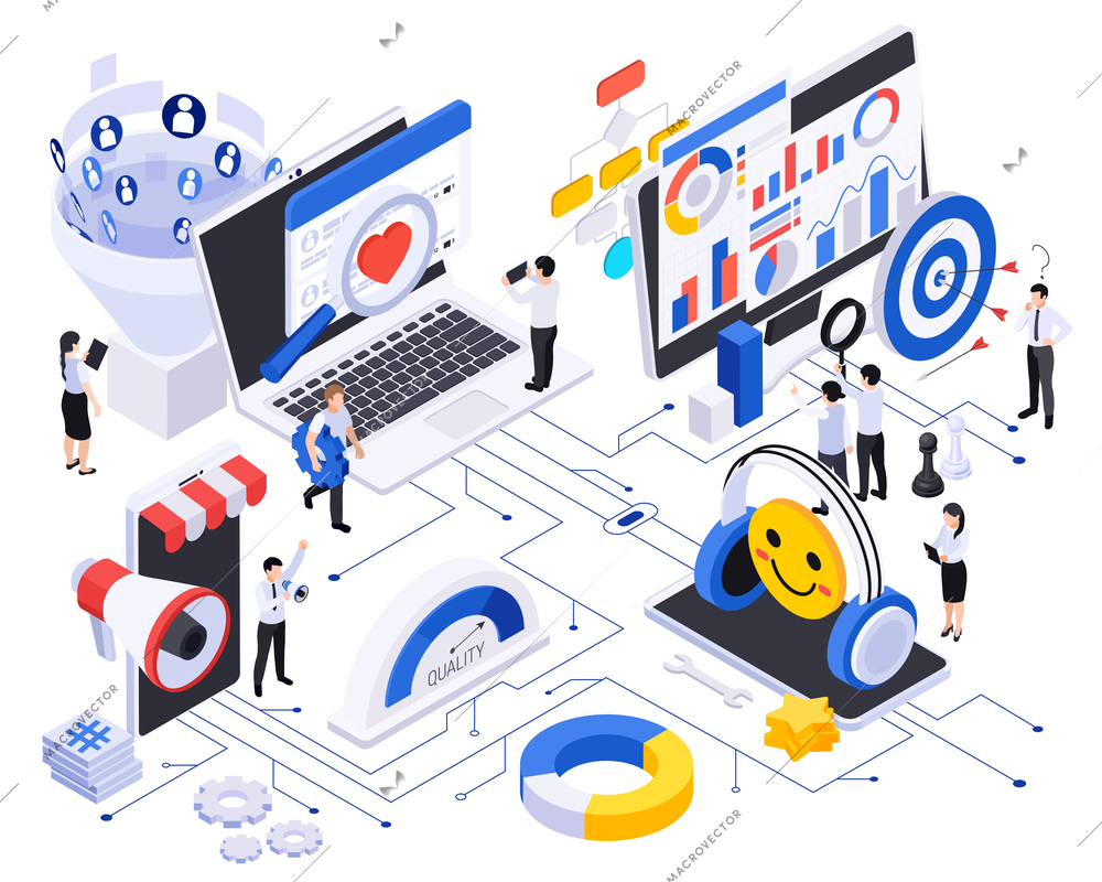 Business growth strategy isometric composition with flowchart of social network reaction icons target promotion and people vector illustration