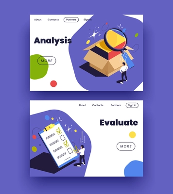 Product quality control isometric landing pages with information about analysis and evaluation vector illustration