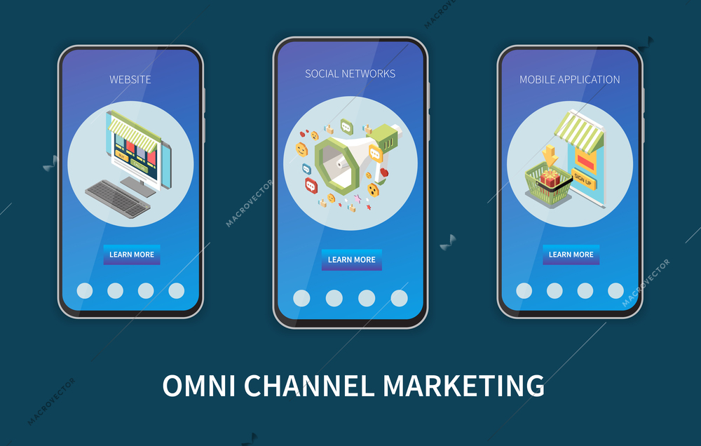 Omni channel marketing isometric set with promotion mobile app templates isolated vector illustration