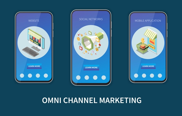 Omni channel marketing isometric set with promotion mobile app templates isolated vector illustration