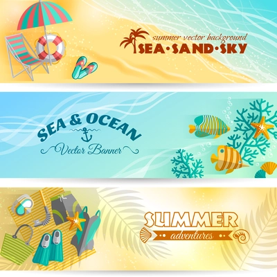 Sea beach summer holiday adventures horizontal banners set with swimming and diving accessories abstract isolated vector illustration