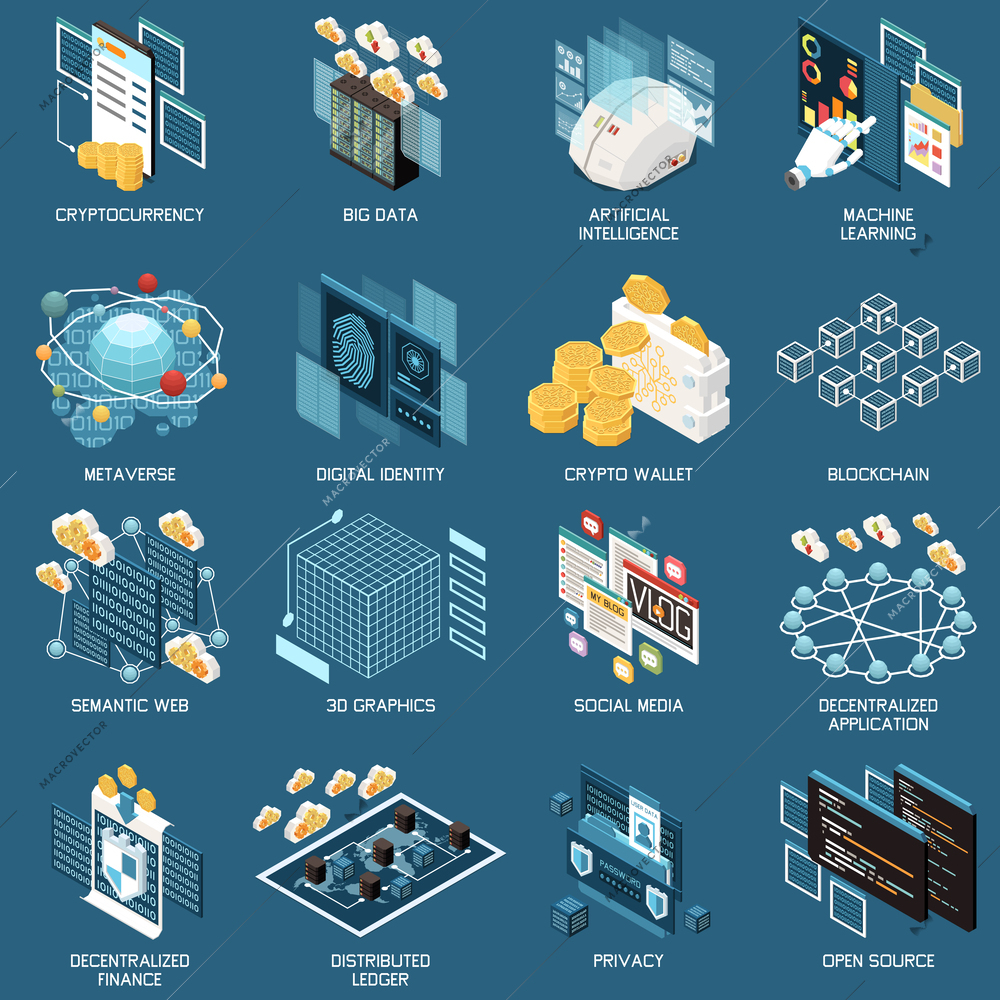 Web 3.0 technology isometric icons set with cryptocurrency and metaverse symbols isolated vector illustration