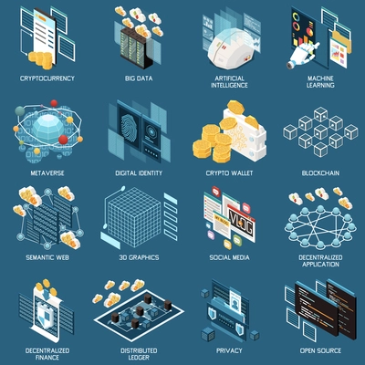 Web 3.0 technology isometric icons set with cryptocurrency and metaverse symbols isolated vector illustration