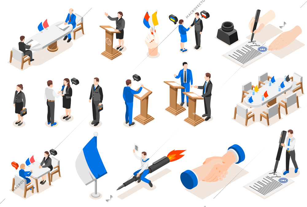 Diplomacy and diplomat isometric icon set people at the negotiating table at debates at speeches before the government the flag of the country and the signing of documents vector illustration