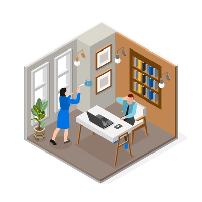 Isolated isometric bad boss concept supervisor throws a mug at his subordinate vector illustration