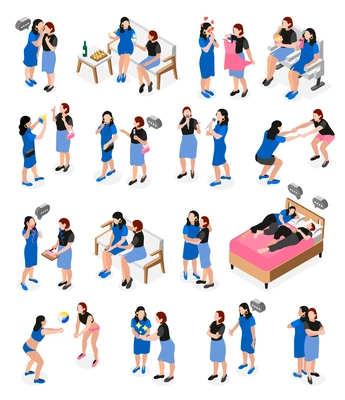 Female friends isometric icon set two friends going out doing general things chatting having fun singing karaoke vector illustration