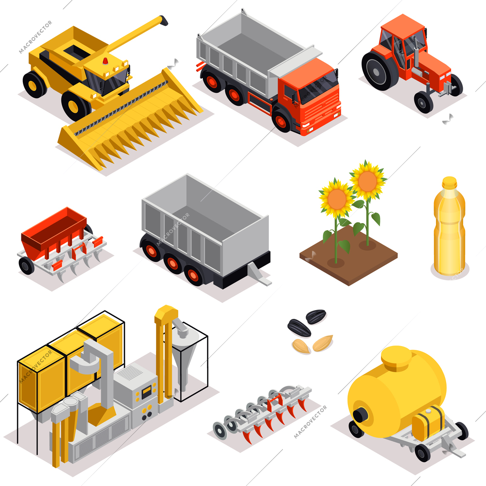 Sunflower production set of isolated icons and isometric images of agricultural vehicles factory units and oil vector illustration