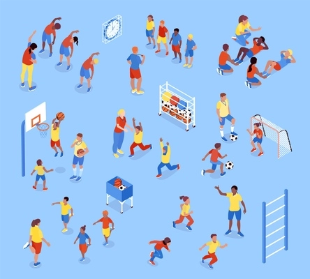 Isometric pe lesson color set with isolated characters of children sport icons and athletic ground appliances vector illustration