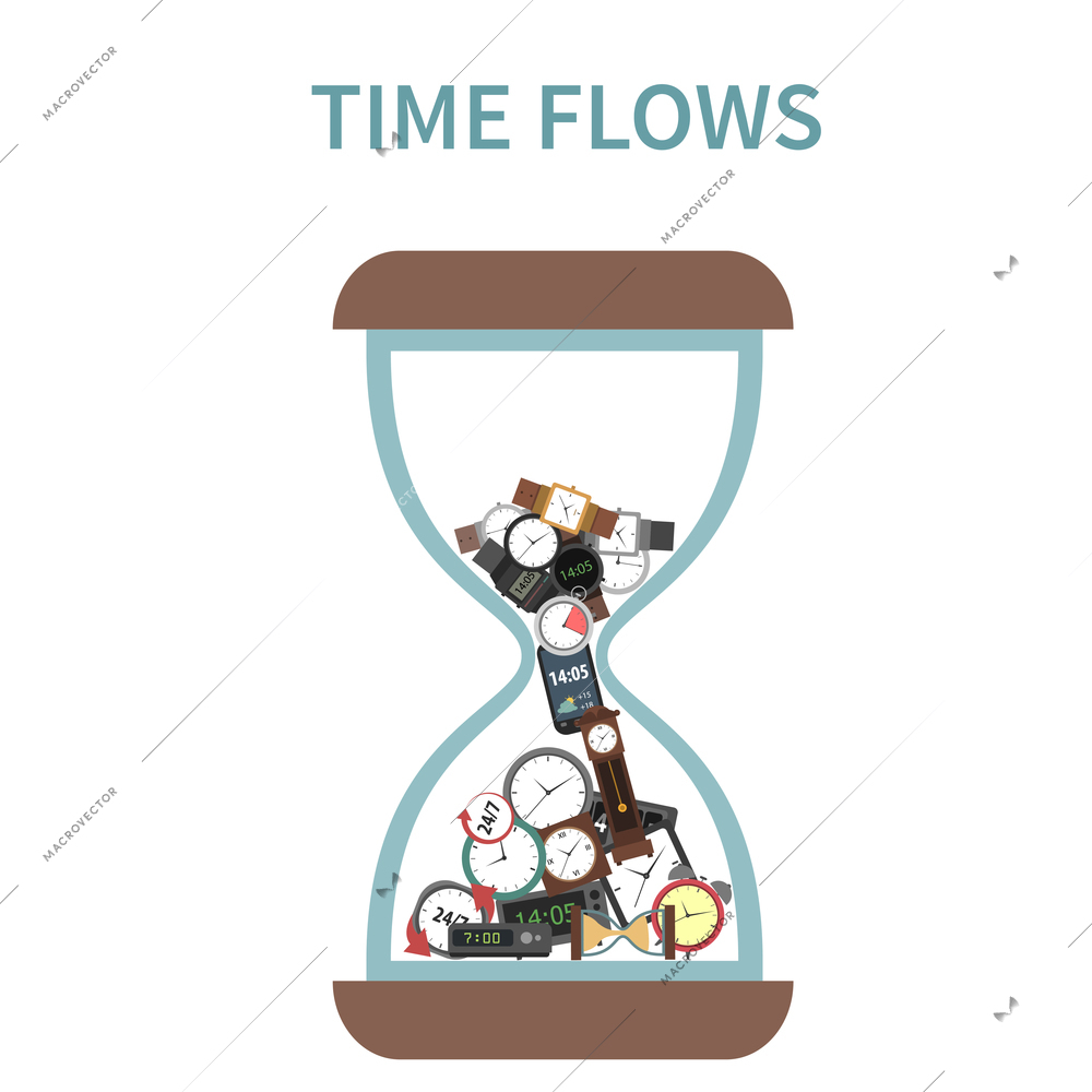 Time concept with hourglass and clocks and watches flowing inside flat vector illustration