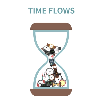 Time concept with hourglass and clocks and watches flowing inside flat vector illustration