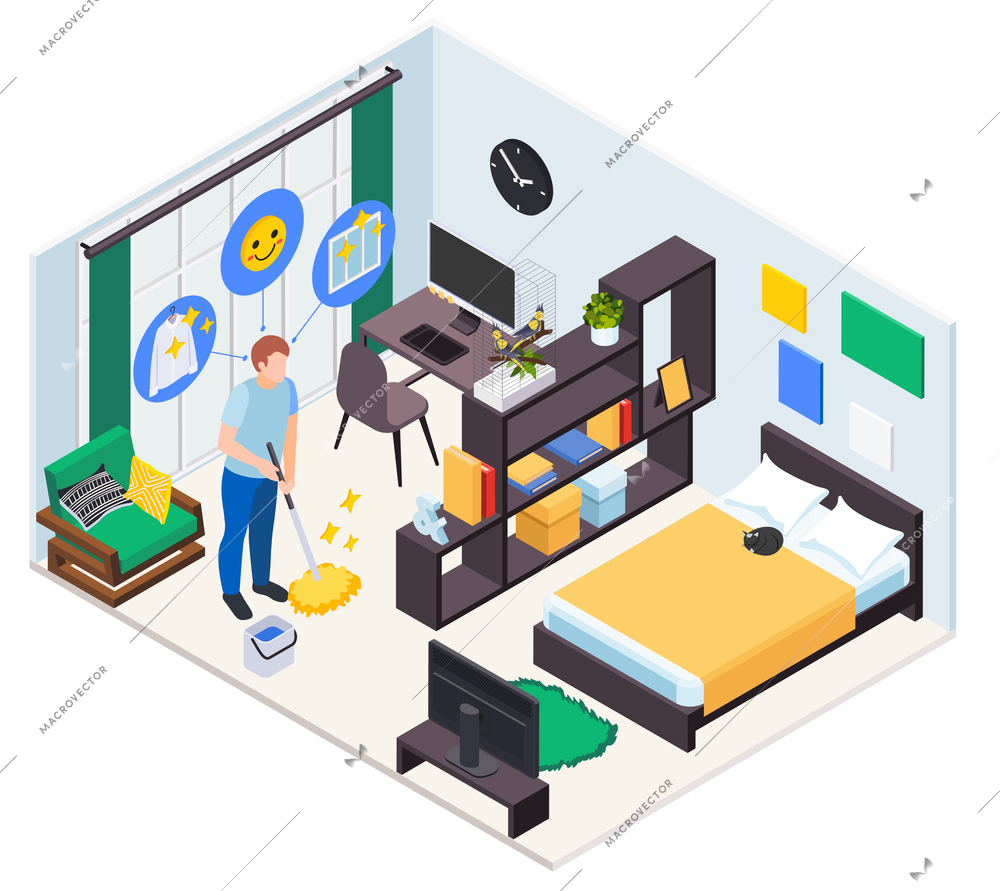 Mental health wellness icons composition with isolated view of home interior and man cleaning up room vector illustration