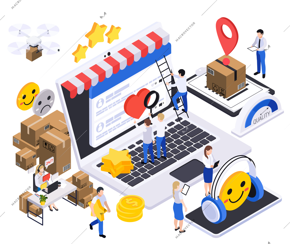 Business growth strategy isometric composition with laptop storefront parcel boxes star and heart reactions and people vector illustration