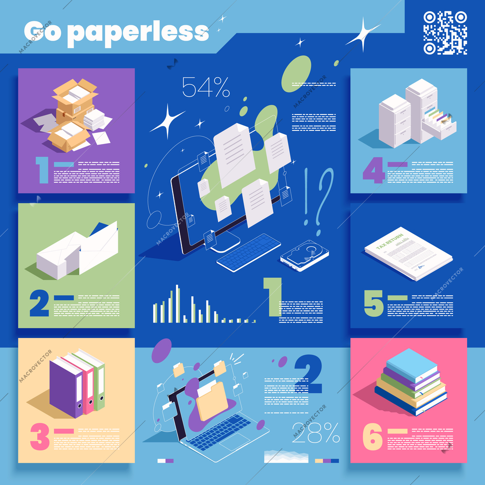 Go paperless concept isometric infographics with paper documents and digital data on color background 3d vector illustration