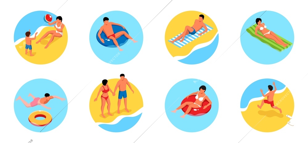 Tropical beach compositions set with people floating on air mattress swimming in sea sunbathing playing with ball isometric isolated vector illustration