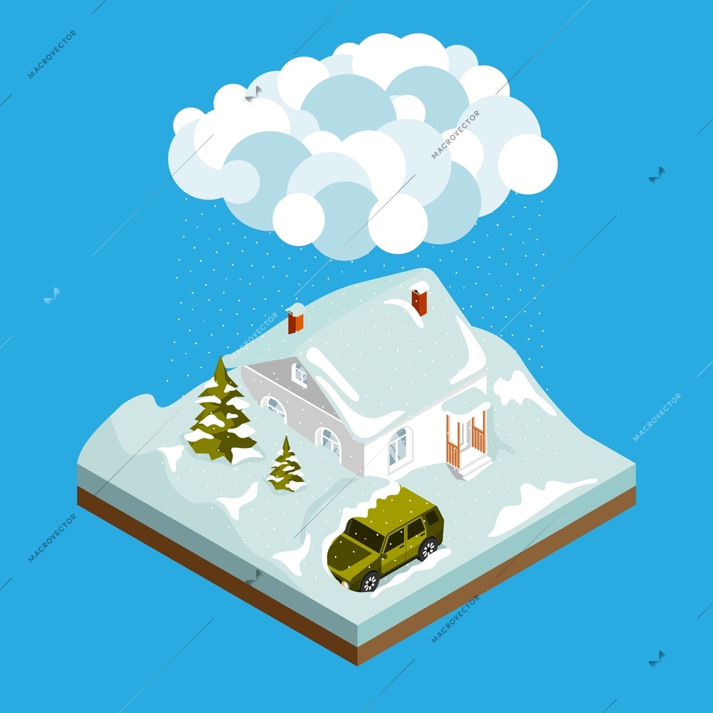 Natural disaster isometric composition with house and car buried in snow during heavy snowfall on blue background 3d vector illustration