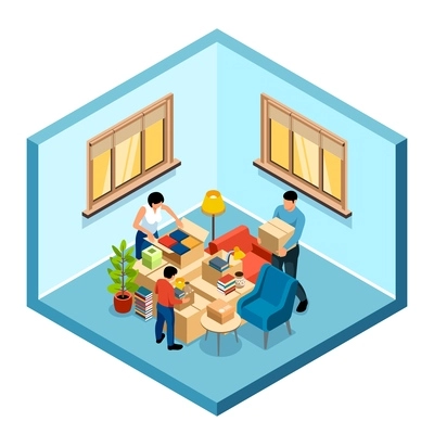 Family moving isometric concept with people packing things into cardboard boxes 3d isolated vector illustration