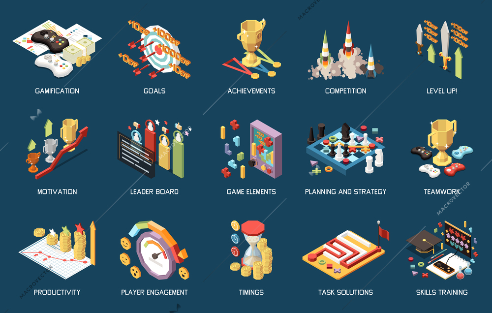 Business gamification strategy productivity teamwork motivation training isometric conceptual icons set isolated on color background 3d vector illustration