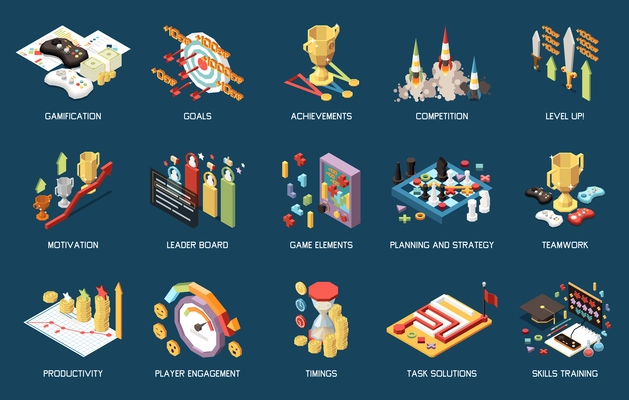 Business gamification strategy productivity teamwork motivation training isometric conceptual icons set isolated on color background 3d vector illustration
