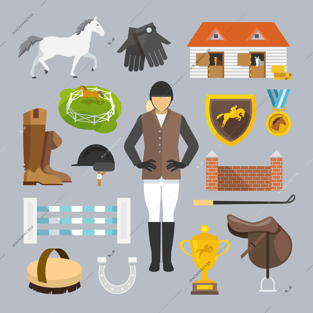 Jockey decorative icons flat set with horse grooming brush champion trophy isolated vector illustration