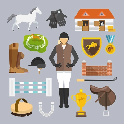 Jockey decorative icons flat set with horse grooming brush champion trophy isolated vector illustration