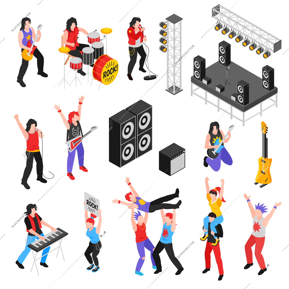 Rock star set with metal concert music symbols isometric isolated vector illustration