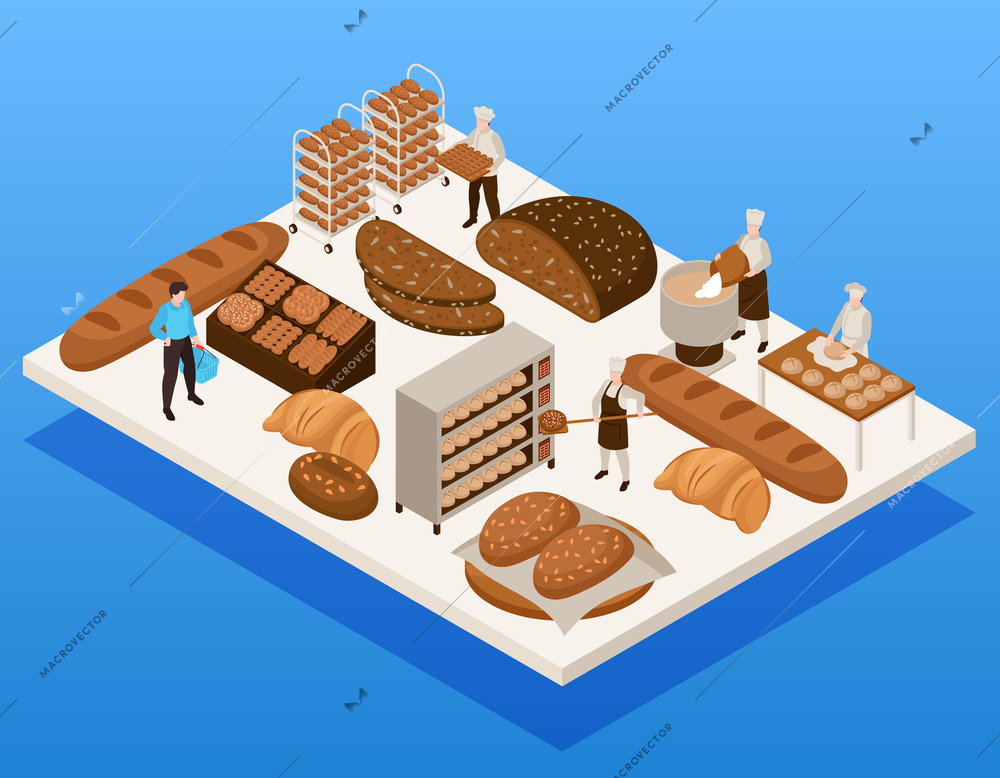 Bread production concept with wheat fields symbols isometric vector illustration